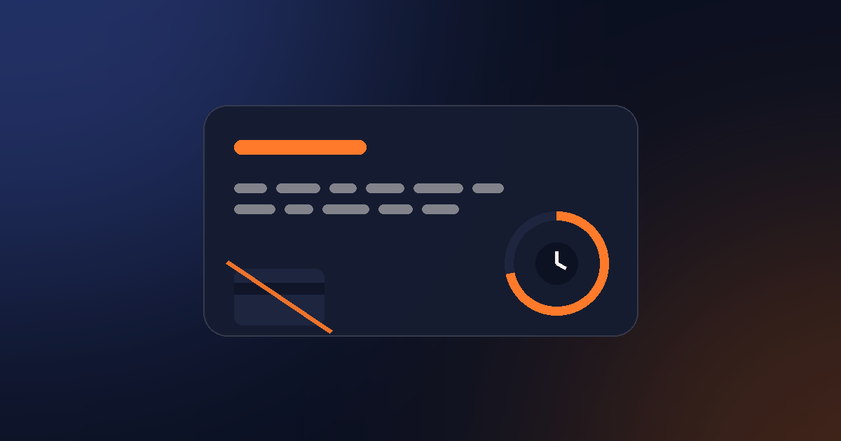 A dark payment card showing an amount, a wallet address broken into blocks, a crossed-out credit card, and a circular countdown timer.